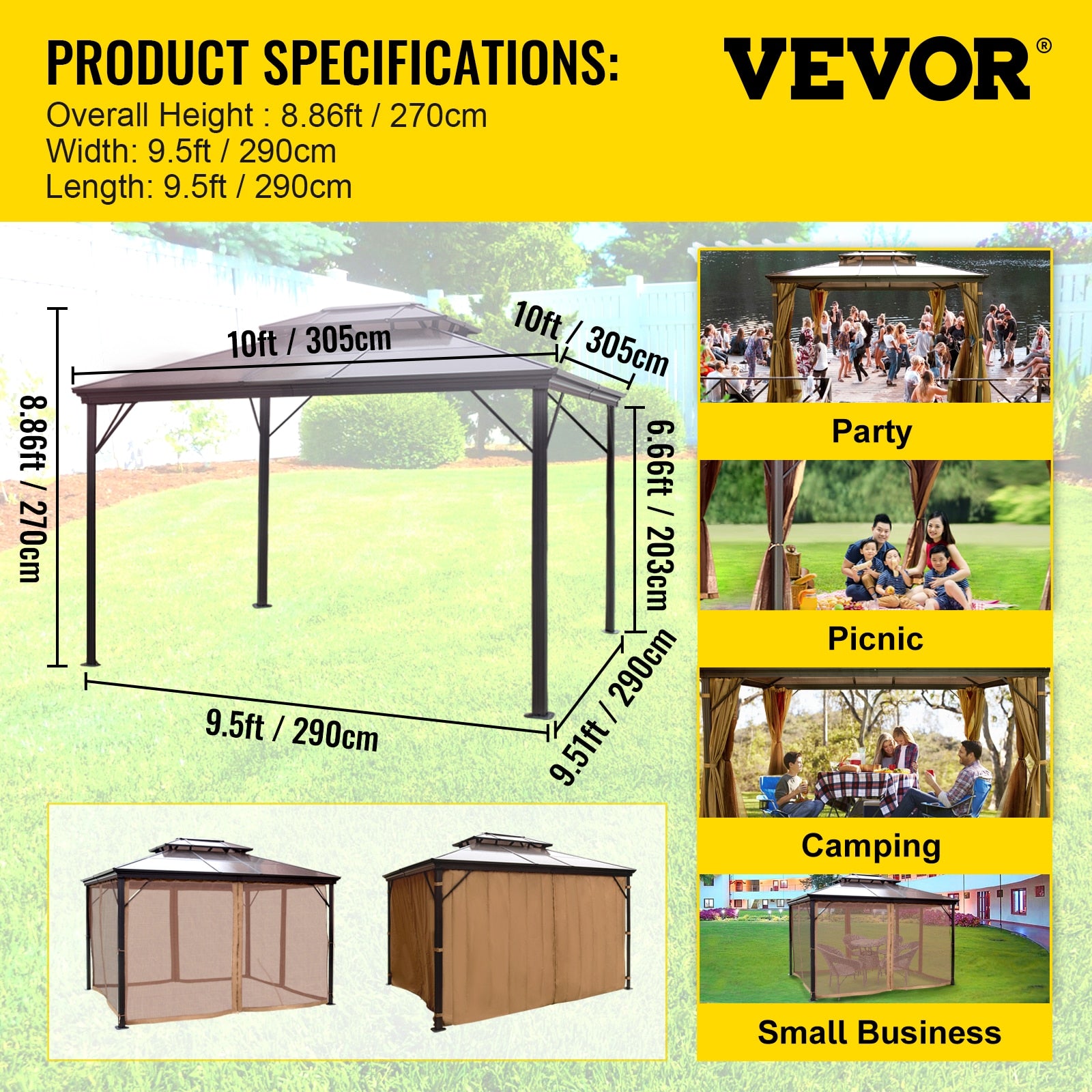 VEVOR Camping Tent Gazebo Canopy 10x10/10x12Ft Hardtop Outdoor Party N –  Pets N Plants