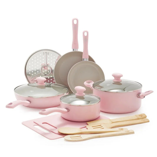 Nonstick Pink 15pc Set Free Shipping Kitchen Cookware Kit Pan Sets Kits Accessories Bar