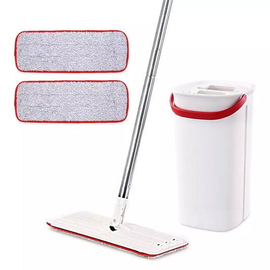 Flat Squeeze Mop with Bucket Hand Free Washing Microfiber Cleaning Cloth for Kitchen Wooden Floor Cleaning